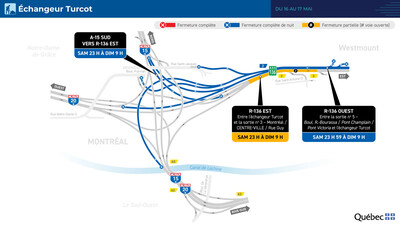 Fermetures de nuit dans l’échangeur Turcot durant la nuit du 16 au 17 mai (Groupe CNW/Ministère des Transports et de la Mobilité durable) Fermetures de nuit dans l’échangeur Turcot durant la nuit du 16 au 17 mai (Groupe CNW/Ministère des Transports et de la Mobilité durable)