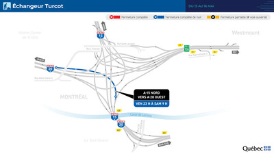 Fermetures de nuit dans l’échangeur Turcot durant la nuit du 15 au 16 mai (Groupe CNW/Ministère des Transports et de la Mobilité durable) Fermetures de nuit dans l’échangeur Turcot durant la nuit du 15 au 16 mai (Groupe CNW/Ministère des Transports et de la Mobilité durable)