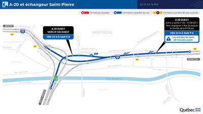 Fermetures de nuit dans le secteur de l’autoroute 20 et l’échangeur Saint-Pierre (Groupe CNW/Ministère des Transports et de la Mobilité durable) Fermetures de nuit dans le secteur de l’autoroute 20 et l’échangeur Saint-Pierre (Groupe CNW/Ministère des Transports et de la Mobilité durable)