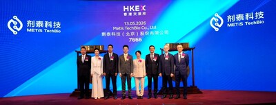From left to right: Jin Li, Independent Non-Executive Director; Serena Shao, Head of Capital Markets & External Relation; Wenshou Wang, Co-Founder, Executive Director and COO; Dr. Chris Lai, Co-Founder, Chairman and CEO; Hongming Chen, Co-Founder, Executive Director and CRDO; Alan Fu, CFO; Peter Edward Lobie, Independent Non-Executive Director; and Frank Yee Chon Lyn, Independent Non-Executive Director, all of METiS TechBio.