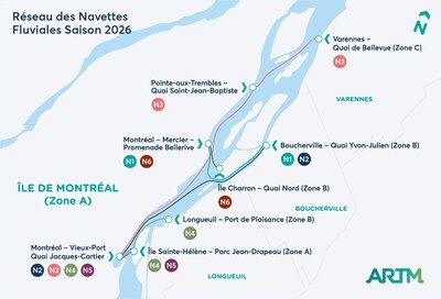 Réseau des navettes fluviales de l'Autorité régionale de transport métropolitain 2026. (Groupe CNW/Autorité régionale de transport métropolitain (ARTM)) Réseau des navettes fluviales de l'Autorité régionale de transport métropolitain 2026. (Groupe CNW/Autorité régionale de transport métropolitain (ARTM))