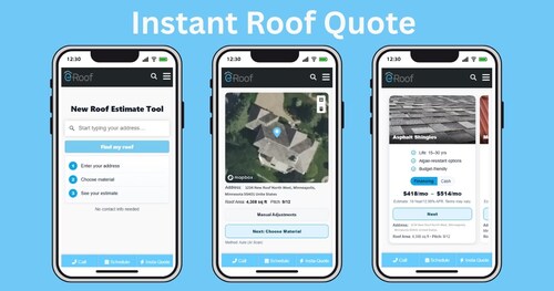 Mobile screenshots of the eRoof Roof Quote Tool in action showing address search, aerial roof views, and material pricing comparisons.