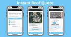 Mobile screenshots of the eRoof Roof Quote Tool in action showing address search, aerial roof views, and material pricing comparisons.