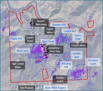 Figure 3: Mineral expansion opportunities. Location of the seven known deposits (white) and the new nine targets generated with AI by VRIFY’s Dora tool (blue) (CNW Group/Lode Gold Resources Inc) Figure 3: Mineral expansion opportunities. Location of the seven known deposits (white) and the new nine targets generated with AI by VRIFY’s Dora tool (blue) (CNW Group/Lode Gold Resources Inc)