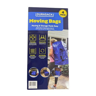 DuraSack®, experts for 150 years at making products that stand up to almost anything, whether you’re in the house, out in the yard, or on the job, announced today that its Moving Bags will be available for sale this weekend at all nationwide Home Depot stores.
The durable, popular Moving Bags will now be in about 1900+ Home Depot locations nationwide.  They are sold as a 4-pack of blue bags and they’re being merchandised in quarter-pallets.
