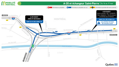 A-20 et échangeur Saint-Pierre, du 16 au 17 mai (Groupe CNW/Ministère des Transports et de la Mobilité durable) A-20 et échangeur Saint-Pierre, du 16 au 17 mai (Groupe CNW/Ministère des Transports et de la Mobilité durable)