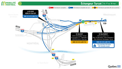 Échangeur Turcot, du 17 au 18 mai (Groupe CNW/Ministère des Transports et de la Mobilité durable) Échangeur Turcot, du 17 au 18 mai (Groupe CNW/Ministère des Transports et de la Mobilité durable)