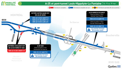 A-25 et pont-tunnel Louis-Hippolyte-La Fontaine (secteur tunnel), du 15 au 19 mai (Groupe CNW/Ministère des Transports et de la Mobilité durable) A-25 et pont-tunnel Louis-Hippolyte-La Fontaine (secteur tunnel), du 15 au 19 mai (Groupe CNW/Ministère des Transports et de la Mobilité durable)