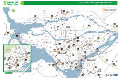 Carte générale des chantiers majeurs prévus durant le printemps et l’été 2026. (Groupe CNW/Ministère des Transports et de la Mobilité durable) Carte générale des chantiers majeurs prévus durant le printemps et l’été 2026. (Groupe CNW/Ministère des Transports et de la Mobilité durable)