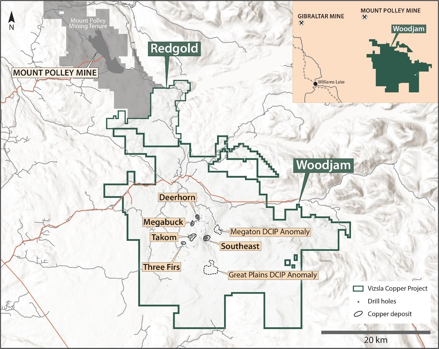 Figure 1. Map showing the location of Vizsla Copper’s Woodjam and Redgold projects in relation to Imperial Metals’ Mount Polley mine. Priority exploration targets at Woodjam are also shown. (CNW Group/Vizsla Copper Corp.) Figure 1. Map showing the location of Vizsla Copper’s Woodjam and Redgold projects in relation to Imperial Metals’ Mount Polley mine. Priority exploration targets at Woodjam are also shown. (CNW Group/Vizsla Copper Corp.)