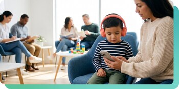 Mother showing child a video with music on headphones in a doctor's office