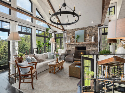 The sun-filled living room features lofted ceilings, a natural stone fireplace and a wall of windows offering mountain views. At lower right (inset) is part of the chef’s kitchen, where a La Cornue® dual-fuel range with double electric ovens is on display. NorthCarolinaLuxuryAuction.com.