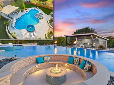 The backyard features a spectacular, resort-style pool that was created at a cost of nearly $1 million. The heated pool includes a sunken spa with immersed table, swim-up bar-top with immersed seating, a graduated, “beach-style” entry and a sunken, fire-pit lounge. A poolside cabana offers a summer kitchen equipped with two (2) grills, flat-top counter, sink, ice-maker and dual, flat-screen TVs. TexasLuxuryAuction.com.