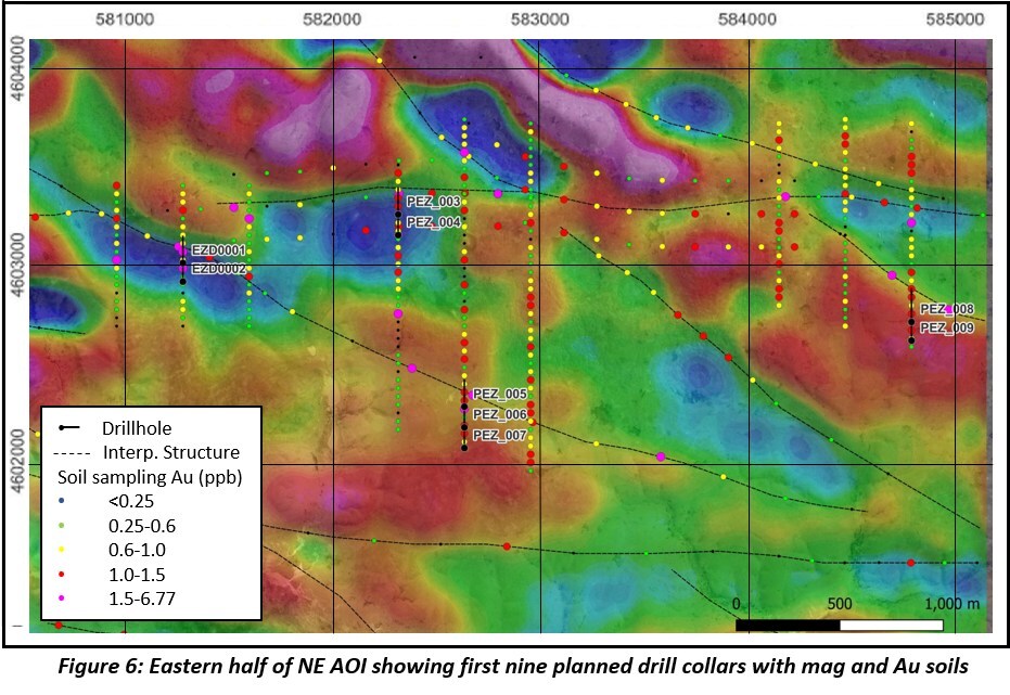 Figure 6: Eastern half of NE AOI showing first nine planned drill collars with mag and Au soils (CNW Group/Targa Exploration Corp.) Figure 6: Eastern half of NE AOI showing first nine planned drill collars with mag and Au soils (CNW Group/Targa Exploration Corp.)