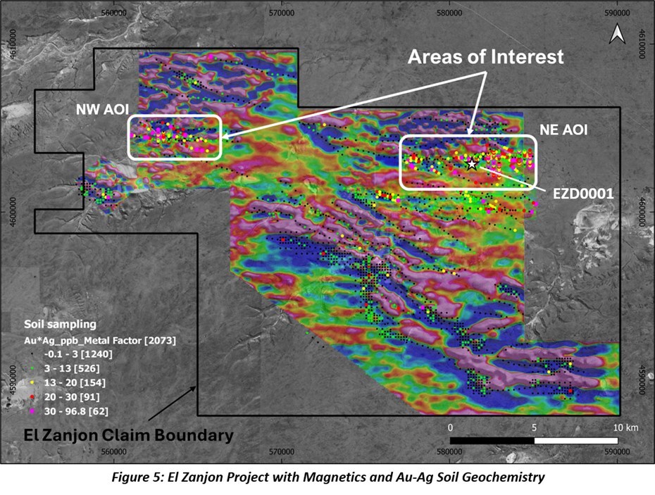 Figure 5: El Zanjon Project with Magnetics and Au-Ag Soil Geochemistry (CNW Group/Targa Exploration Corp.) Figure 5: El Zanjon Project with Magnetics and Au-Ag Soil Geochemistry (CNW Group/Targa Exploration Corp.)