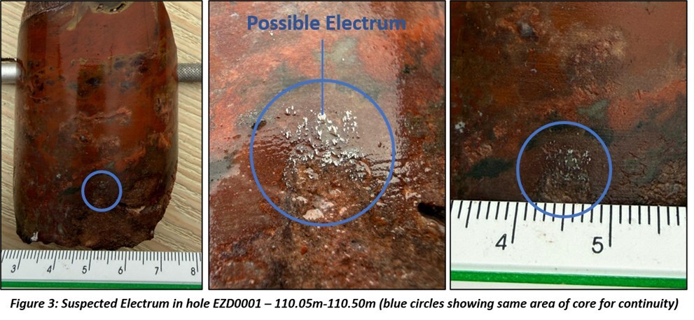 Figure 3: Suspected Electrum in hole EZD0001 – 110.05m-110.50m (blue circles showing same area of core for continuity) (CNW Group/Targa Exploration Corp.) Figure 3: Suspected Electrum in hole EZD0001 – 110.05m-110.50m (blue circles showing same area of core for continuity) (CNW Group/Targa Exploration Corp.)