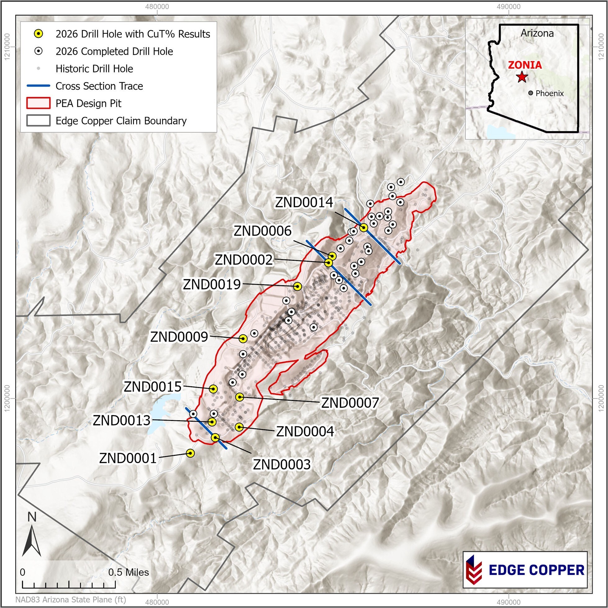 Figure 1: Drill hole location map. Blue lines show the location of cross sections shown in Figures 2, 3, and 5. (CNW Group/Edge Copper Corporation) Figure 1: Drill hole location map. Blue lines show the location of cross sections shown in Figures 2, 3, and 5. (CNW Group/Edge Copper Corporation)