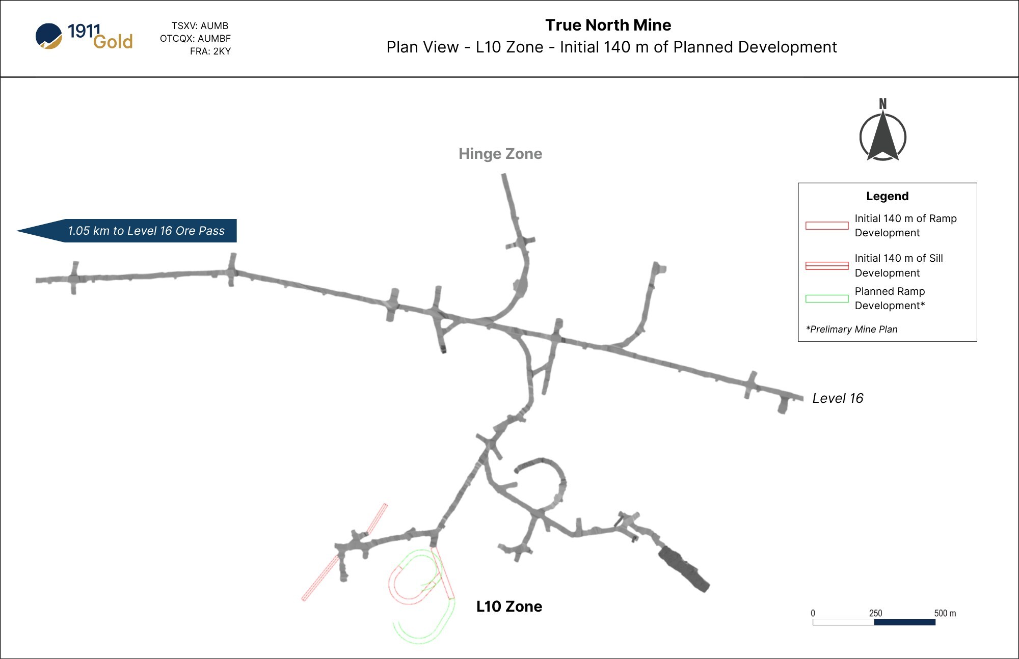 Figure 3: Plan View – True North Mine L10 Zone – Initial 140 m of Planned Development (CNW Group/1911 Gold Corporation)