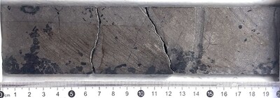Figure 7: Massive sulphide interval (54.86 to 55.06m) in drill hole DDH25LU293. (CNW Group/Bravo Mining Corp.)