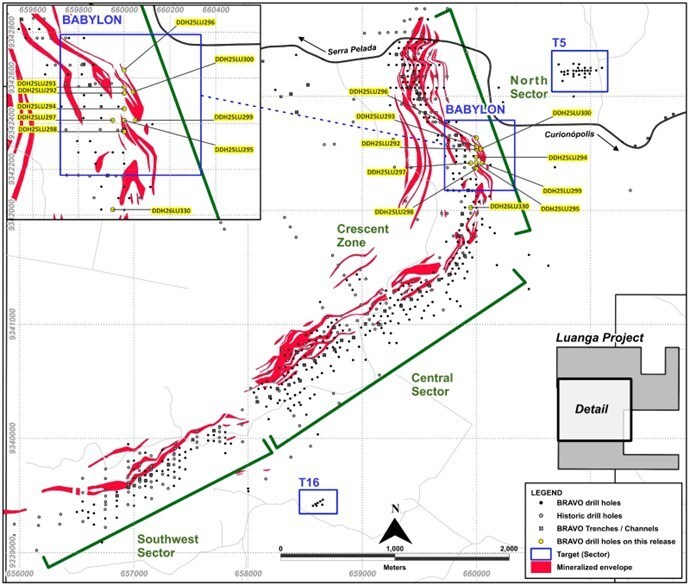 Figure 11: Drilling at Babylon and other nearby targets, as reported in this News Release. (CNW Group/Bravo Mining Corp.) Figure 11: Drilling at Babylon and other nearby targets, as reported in this News Release. (CNW Group/Bravo Mining Corp.)