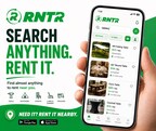 RNTR mobile app ad promoting local rentals. Image shows searchable listings for tables and event items with categories including tools, outdoors, lawn care, and trailers nearby.