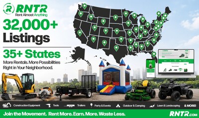 RNTR graphic showing 32,000+ rental listings across 35+ states, featuring equipment, tools, trailers, inflatables, lawn gear, and outdoor vehicles with nationwide availability.