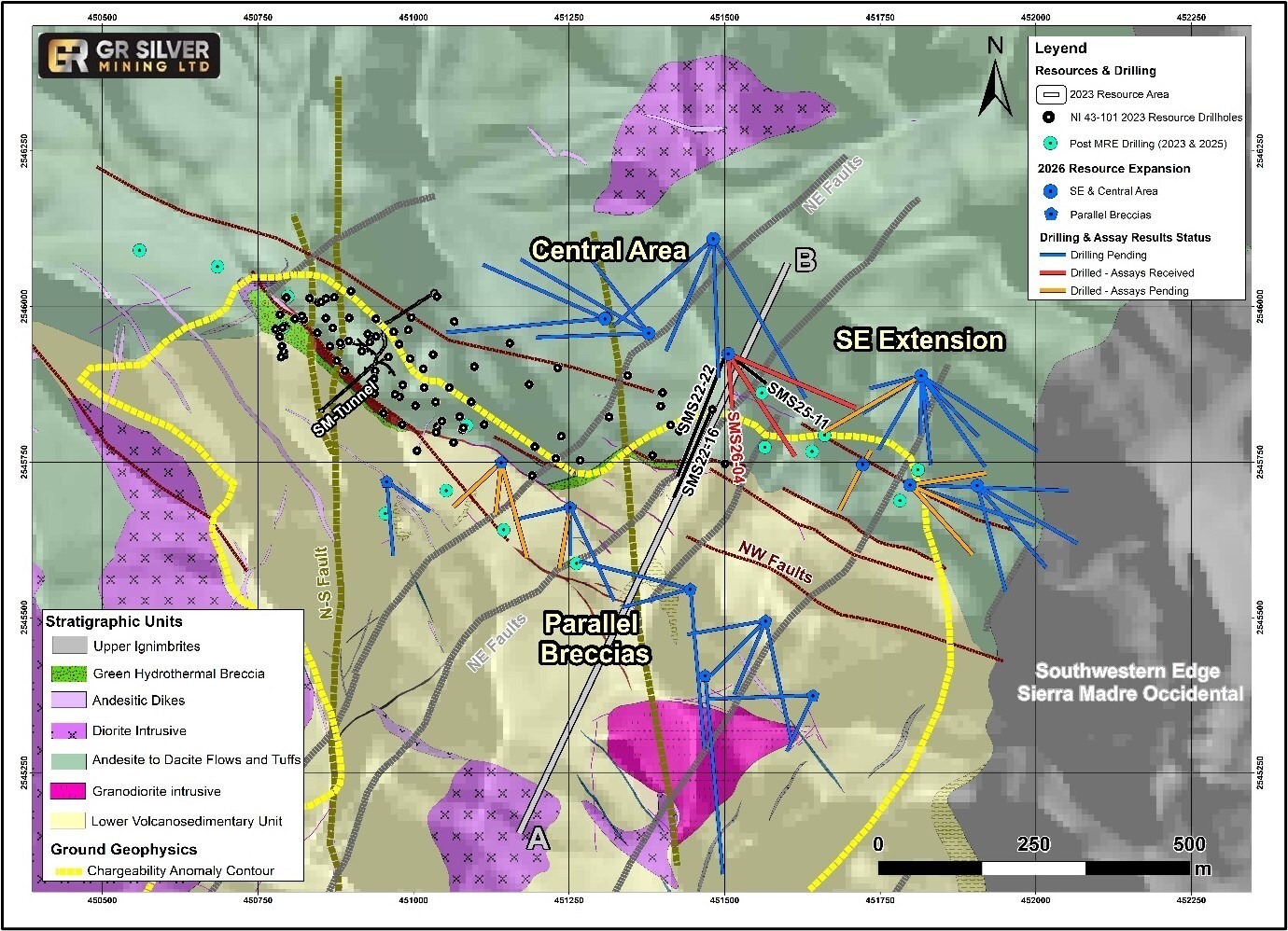 Figure 1. Location of San Marcial Step-Out Drill Holes SMS26-04, SMS22-16, SMS22-22 & SMS25-11 (CNW Group/GR Silver Mining Ltd.) Figure 1. Location of San Marcial Step-Out Drill Holes SMS26-04, SMS22-16, SMS22-22 & SMS25-11 (CNW Group/GR Silver Mining Ltd.)