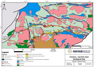 Figure 1: Simplified geological map of the central and southern Abitibi greenstone belt, highlighting major faults and the distribution of gold deposits (modified after Poulsen et al., 2000, and Dubé and Mercier-Langevin, 2015). (CNW Group/Mayfair Gold Corp.)
