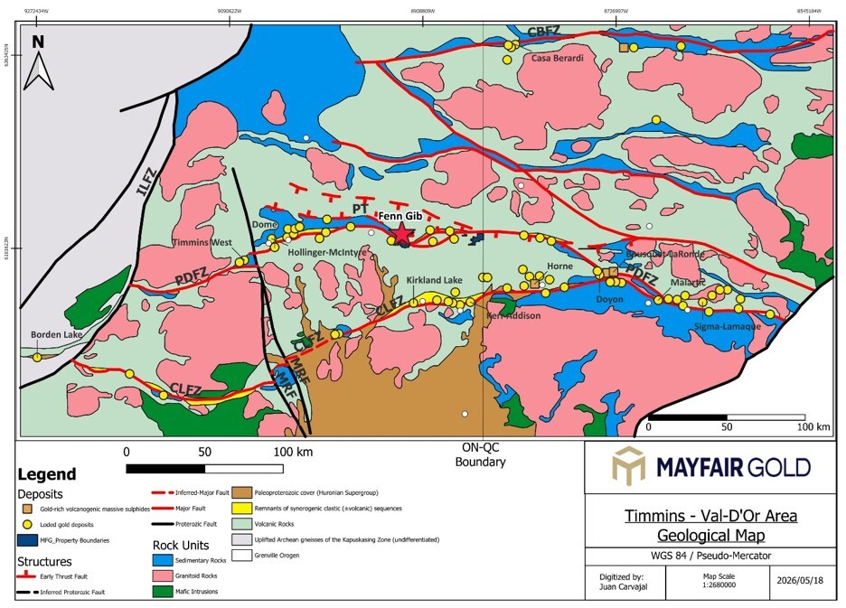 Figure 1: Simplified geological map of the central and southern Abitibi greenstone belt, highlighting major faults and the distribution of gold deposits (modified after Poulsen et al., 2000, and Dubé and Mercier-Langevin, 2015). (CNW Group/Mayfair Gold Corp.) Figure 1: Simplified geological map of the central and southern Abitibi greenstone belt, highlighting major faults and the distribution of gold deposits (modified after Poulsen et al., 2000, and Dubé and Mercier-Langevin, 2015). (CNW Group/Mayfair Gold Corp.)