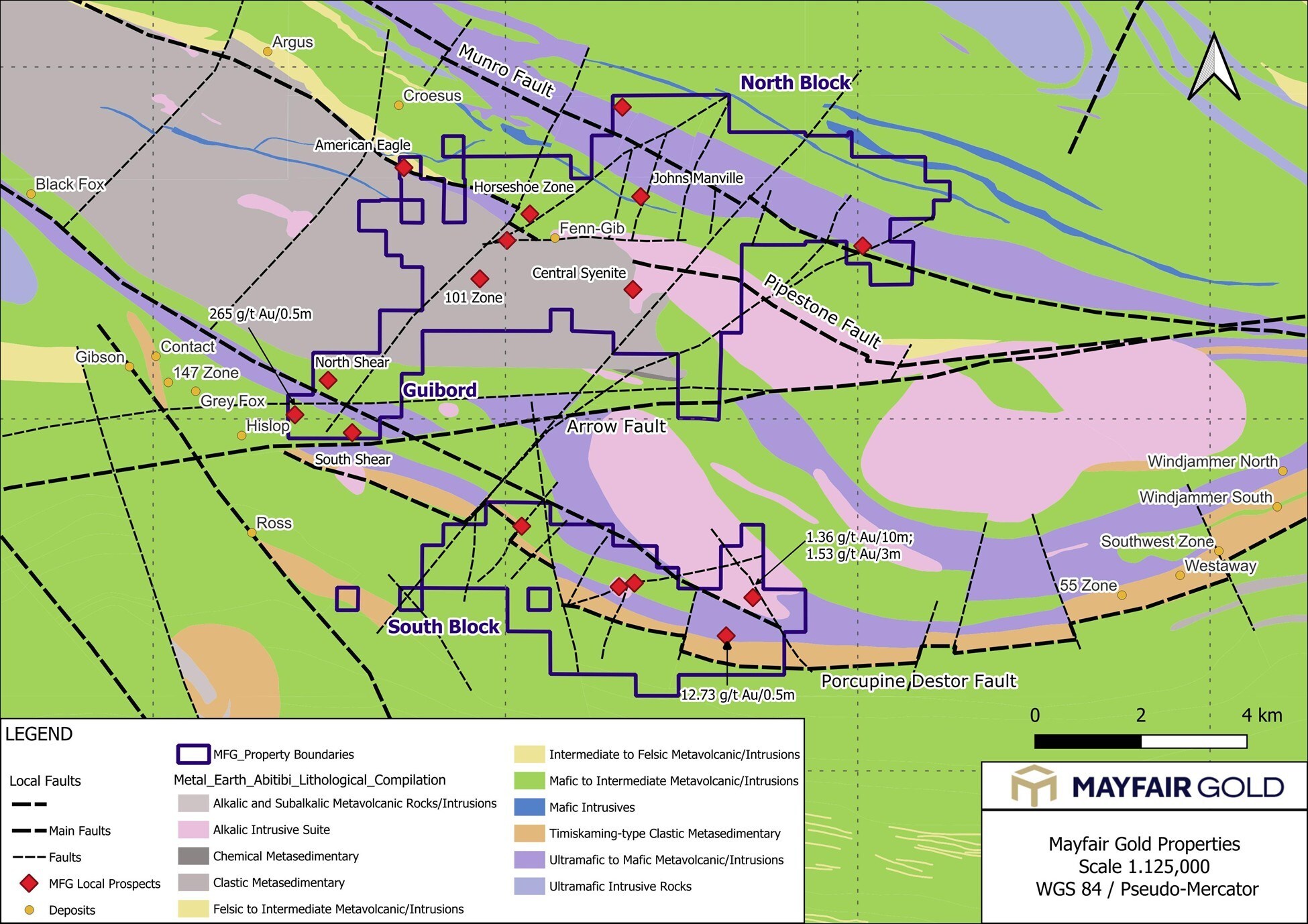 Figure 2: Geological map of the North Block, South Block, and Guibord properties with deposits and targets identified. (CNW Group/Mayfair Gold Corp.) Figure 2: Geological map of the North Block, South Block, and Guibord properties with deposits and targets identified. (CNW Group/Mayfair Gold Corp.)