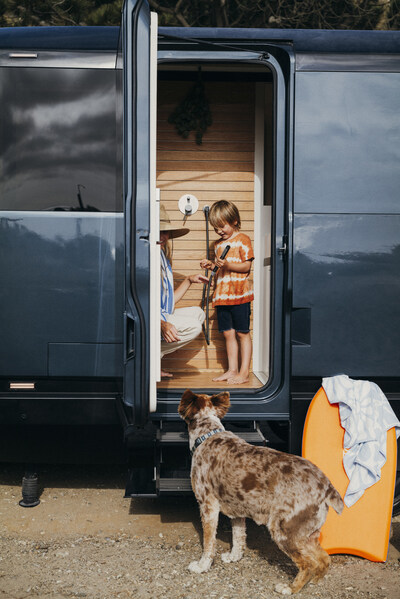 Aboard's extended-range electric (EREV) travel trailer features thoughtfully designed access points for outdoor living.