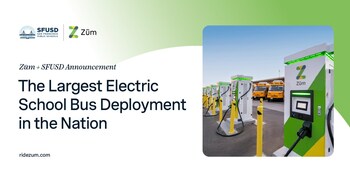 Today Zūm, the leader in modern student mobility, announced the deployment of an all-electric school bus fleet to San Francisco Unified School District (SFUSD). All electric buses will be supported by modern charging infrastructure with built-in bidirectional vehicle-to-grid (V2G) capabilities, making this bidirectional electric school bus fleet the largest in the United States. Today Zūm, the leader in modern student mobility, announced the deployment of an all-electric school bus fleet to San Francisco Unified School District (SFUSD). All electric buses will be supported by modern charging infrastructure with built-in bidirectional vehicle-to-grid (V2G) capabilities, making this bidirectional electric school bus fleet the largest in the United States.