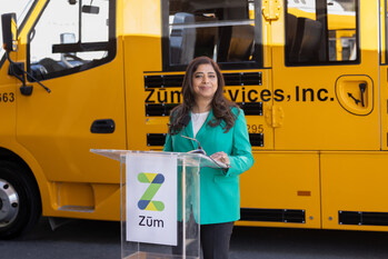 Ritu Narayan, CEO of Zum, announces the deployment of an all-electric school bus fleet to San Francisco Unified School District (SFUSD). Ritu Narayan, CEO of Zum, announces the deployment of an all-electric school bus fleet to San Francisco Unified School District (SFUSD).