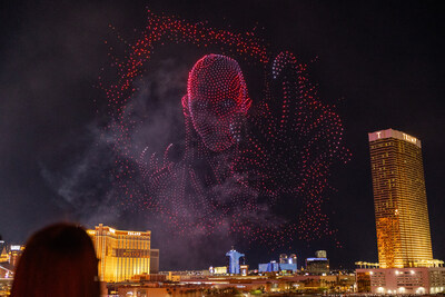 The Vecna Drone Show for Stranger Things flies over Las Vegas on Dec. 28, 2025, in a show flown by Sky Elements. (Courtesy Sky Elements and Acronym)