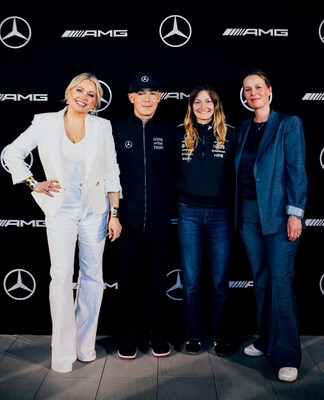 Alexis Baillargeon, inaugural recipient of the Mercedes-Benz Youth in Motorsport Scholarship, with host Mitsou Gélinas, Mercedes-AMG PETRONAS F1 Team Development Driver Doriane Pin, and Susann Mayhead, President and CEO of Mercedes-Benz Canada, at a Mercedes-Benz Canada event during the 2026 Formula 1 Grand Prix du Canada in Montreal. (CNW Group/Mercedes-Benz Canada Inc.)