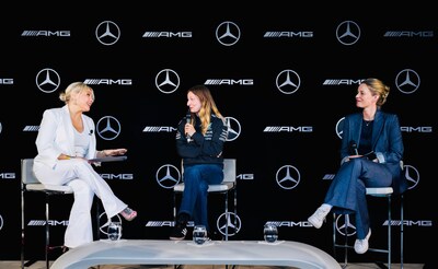 Mitsou Gélinas, Mercedes-AMG PETRONAS F1 Team Development Driver Doriane Pin, and Susann Mayhead, President and CEO of Mercedes-Benz Canada, participate in a panel discussion on supporting the next generation of motorsport talent at a Mercedes-Benz Canada event during the 2026 Formula 1 Grand Prix du Canada in Montreal. (CNW Group/Mercedes-Benz Canada Inc.)