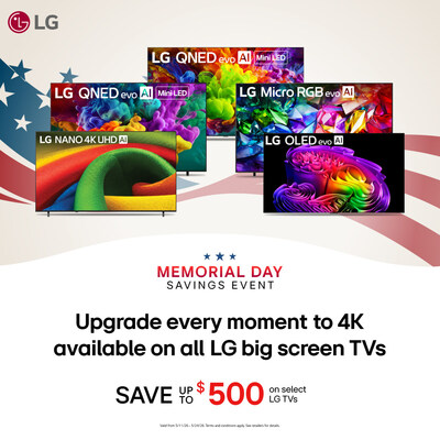 LG Electronics USA is kicking off the summer shopping season with Memorial Day savings on select home appliances, part of America’s most reliable line of home appliances and premium OLED, QNED, and value-packed UHD TVs powered by AI-enhanced picture processing for a more immersive viewing experience. (PRNewsfoto/LG Electronics USA)