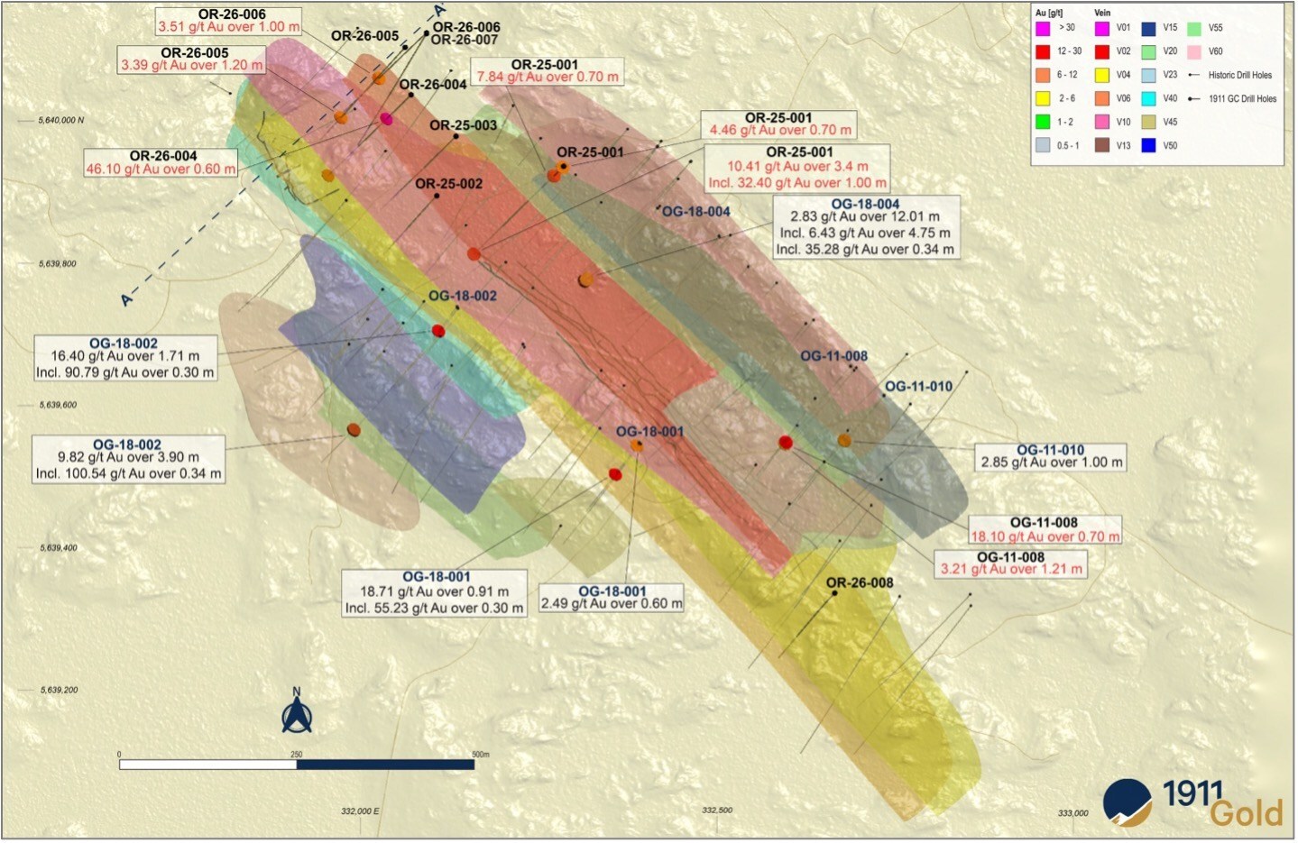 Figure 2: Plan View-Ogama-Rockland Drill Hole Location Map (CNW Group/1911 Gold Corporation)