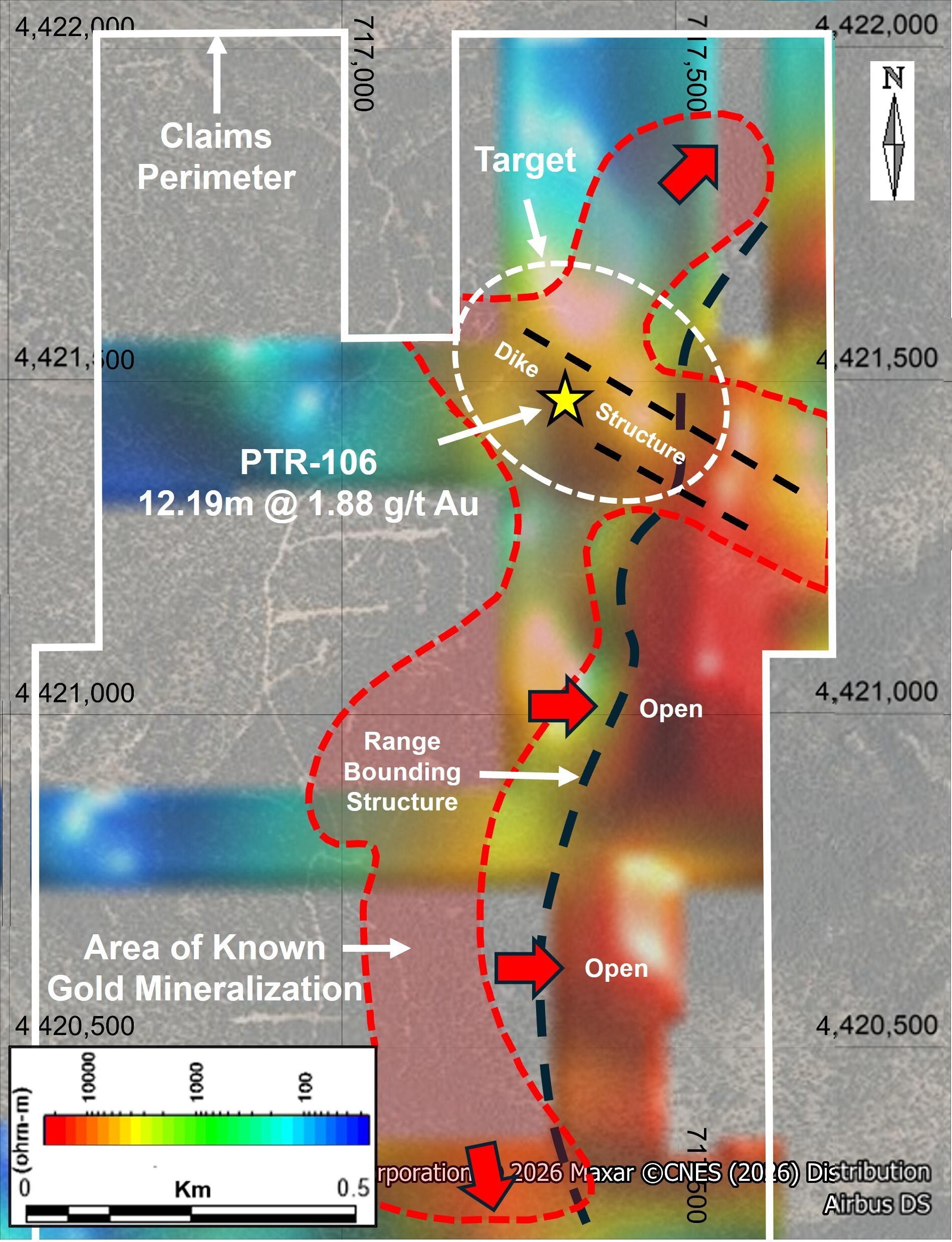 Figure 1 – Resistivity Anomaly at a Depth of 150 to 300m in the North Zone of the Property, Outlining the Area of Known Gold Mineralization. (CNW Group/Black Mammoth Metals Corp) Figure 1 – Resistivity Anomaly at a Depth of 150 to 300m in the North Zone of the Property, Outlining the Area of Known Gold Mineralization. (CNW Group/Black Mammoth Metals Corp)