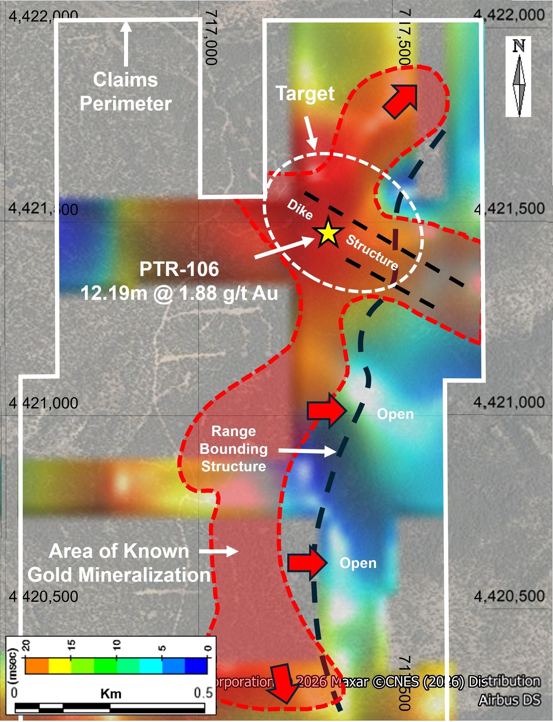 Figure 2 – Chargeability Anomaly at a Depth of 150 to 300m in the North Zone of the Property, Outlining the Area of Known Gold Mineralization. (CNW Group/Black Mammoth Metals Corp) Figure 2 – Chargeability Anomaly at a Depth of 150 to 300m in the North Zone of the Property, Outlining the Area of Known Gold Mineralization. (CNW Group/Black Mammoth Metals Corp)