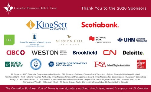 Sponsors for the 2026 Canadian Business Hall of Fame Induction Ceremony (CNW Group/Canadian Business Hall of Fame) Sponsors for the 2026 Canadian Business Hall of Fame Induction Ceremony (CNW Group/Canadian Business Hall of Fame)