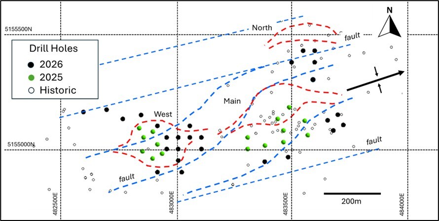 Figure 1: Planview interpretations of Balfour mineralized zones and drilling. Drill holes completed at Balfour by Errington as well holes drilled previously. The expression of the mineralized zones is shown in red. Grid as UTM NAD83 Zone 11. (CNW Group/Errington Metals Corp.) Figure 1: Planview interpretations of Balfour mineralized zones and drilling. Drill holes completed at Balfour by Errington as well holes drilled previously. The expression of the mineralized zones is shown in red. Grid as UTM NAD83 Zone 11. (CNW Group/Errington Metals Corp.)