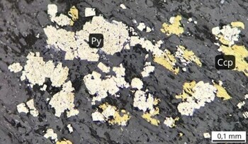 Image 2. TADD-278, at 752.5 meters: Pyrite individuals (Py) and chalcopyrite (Cpy) disseminated throughout the sample (CNW Group/Orvana Minerals Corp.) Image 2. TADD-278, at 752.5 meters: Pyrite individuals (Py) and chalcopyrite (Cpy) disseminated throughout the sample (CNW Group/Orvana Minerals Corp.)
