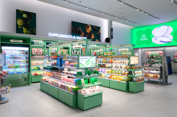 Side view of the Supplements & Snacks section at OLIVE YOUNG Pasadena