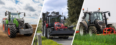 Tractors from across AGCO brands, including (left to right) Fendt’s 700 Vario Gen 7, Massey Ferguson’s 8S Xtra and Valtra’s G Series, reflect the company’s focus on fuel-saving performance through advanced engine and driveline integration.