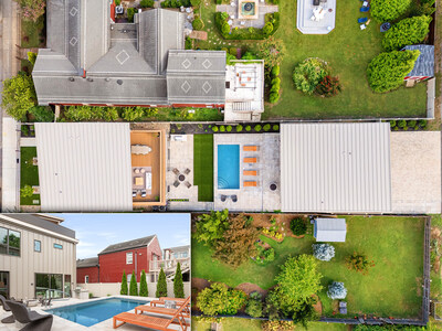 As seen from a bird’s eye view, the property’s main and guest houses sit on opposite sides of a private courtyard with a pool, built-in barbecue and paved deck area. The guest house also includes a 3-vehicle garage and can be conveniently accessed from a rear alleyway. PlatinumLuxuryAuctions.com.