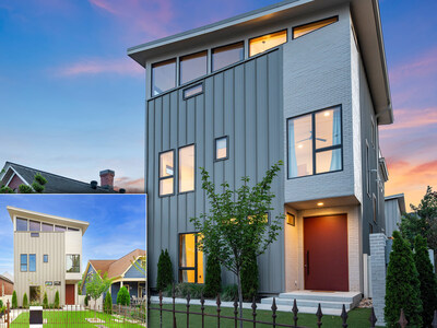 Located in Germantown, a charming community within a 7-10-min walk of downtown Nashville, this modern pool home was recently completed in 2025. The property offers a 3-story main home (pictured) in addition to a separate, 2-story guest house. PlatinumLuxuryAuctions.com.