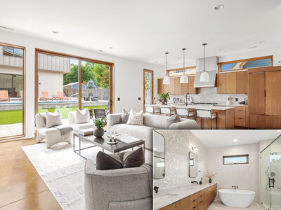 The lower level of the Germantown property’s main home features a sleek kitchen, brick fireplace and wall of sliding glass doors with immediate access to the central courtyard and pool. PlatinumLuxuryAuctions.com.