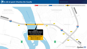 Autoroute 40 (Félix-Leclerc) entre Montréal et Terrebonne - Des entraves sont prévues au pont Charles-De Gaulle du 8 au 15 juin