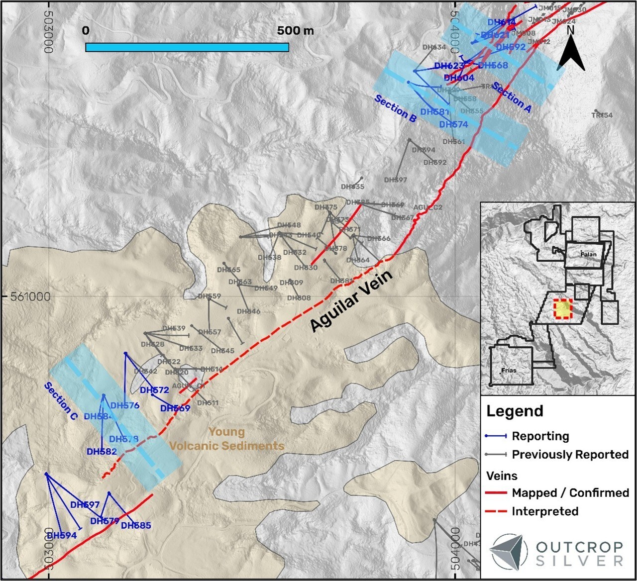 Figure 1. Plan view of the Aguilar target showing the drill holes reported in this release (Table 1). Coordinates are in the UTM system, zone 18N, and WGS84 projection. (CNW Group/Outcrop Silver & Gold Corporation) Figure 1. Plan view of the Aguilar target showing the drill holes reported in this release (Table 1). Coordinates are in the UTM system, zone 18N, and WGS84 projection. (CNW Group/Outcrop Silver & Gold Corporation)